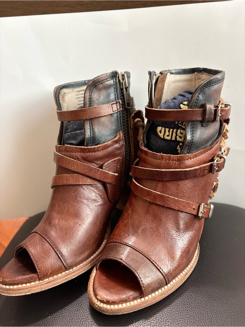 Freebird by Steven Brown Leather Peep-Toe Ankle Booties with Buckle Straps